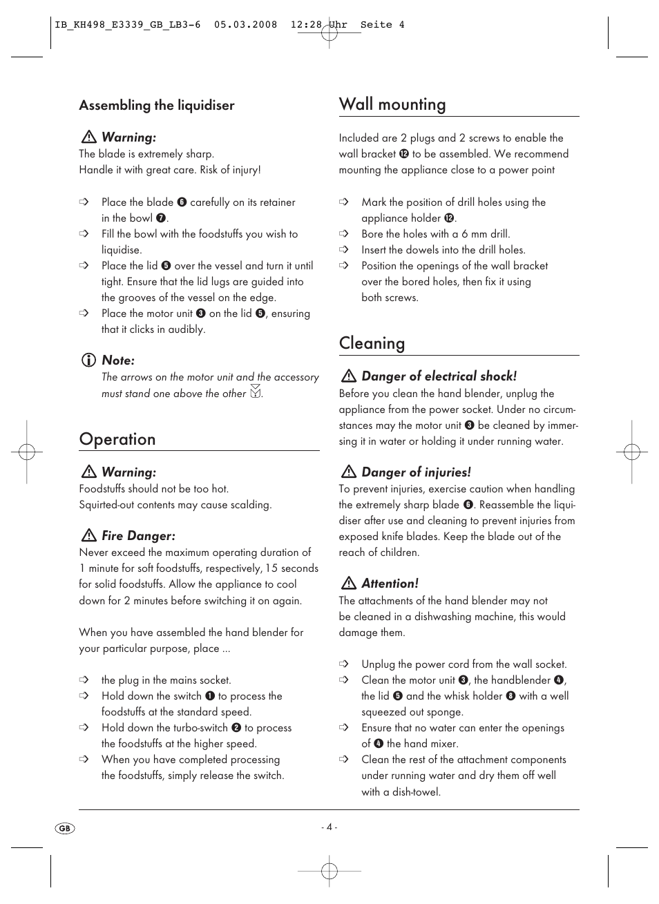 Operation, Wall mounting, Cleaning | Assembling the liquidiser warning, Warning, Fire danger, Danger of electrical shock, Danger of injuries, Attention | Kompernass KH498-03 User Manual | Page 6 / 8