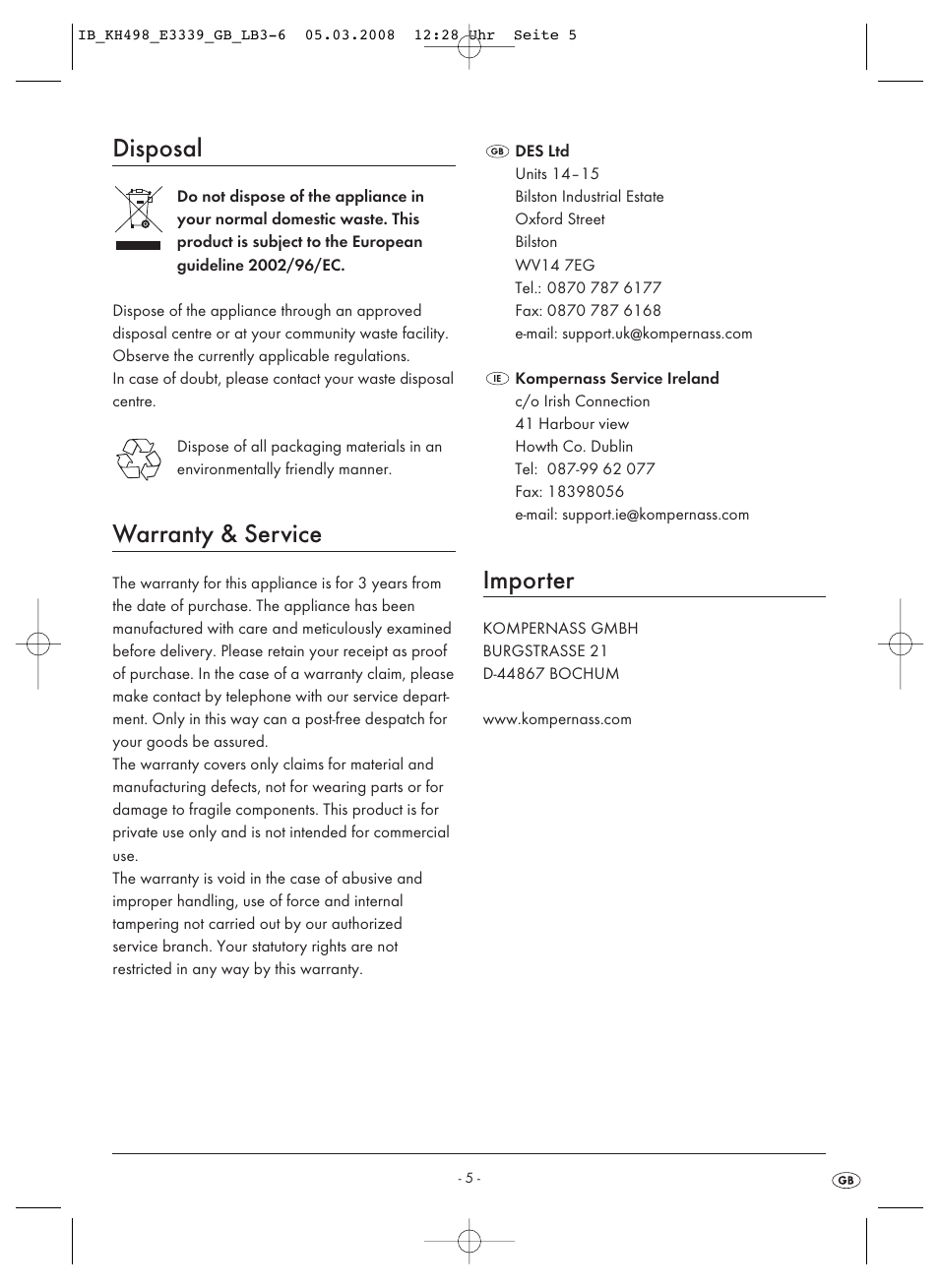 Disposal, Warranty & service, Importer | Kompernass KH498-03 User Manual | Page 7 / 8