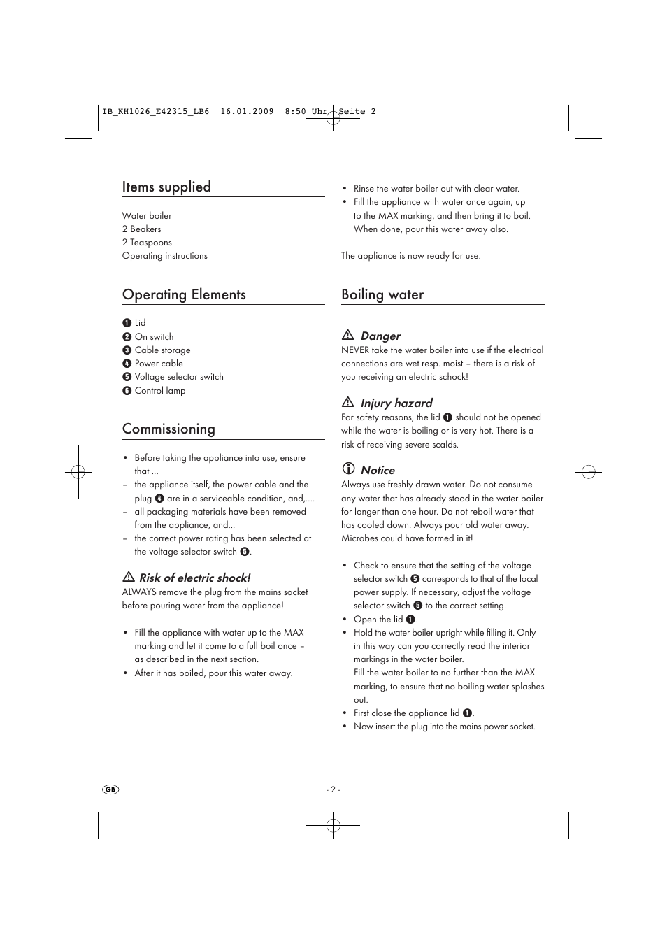 Items supplied, Operating elements, Commissioning | Boiling water | Kompernass TRAVELKETTLE KH 1026 User Manual | Page 4 / 6