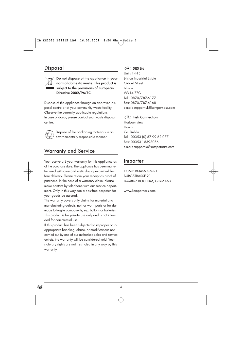 Disposal, Warranty and service, Importer | Kompernass TRAVELKETTLE KH 1026 User Manual | Page 6 / 6