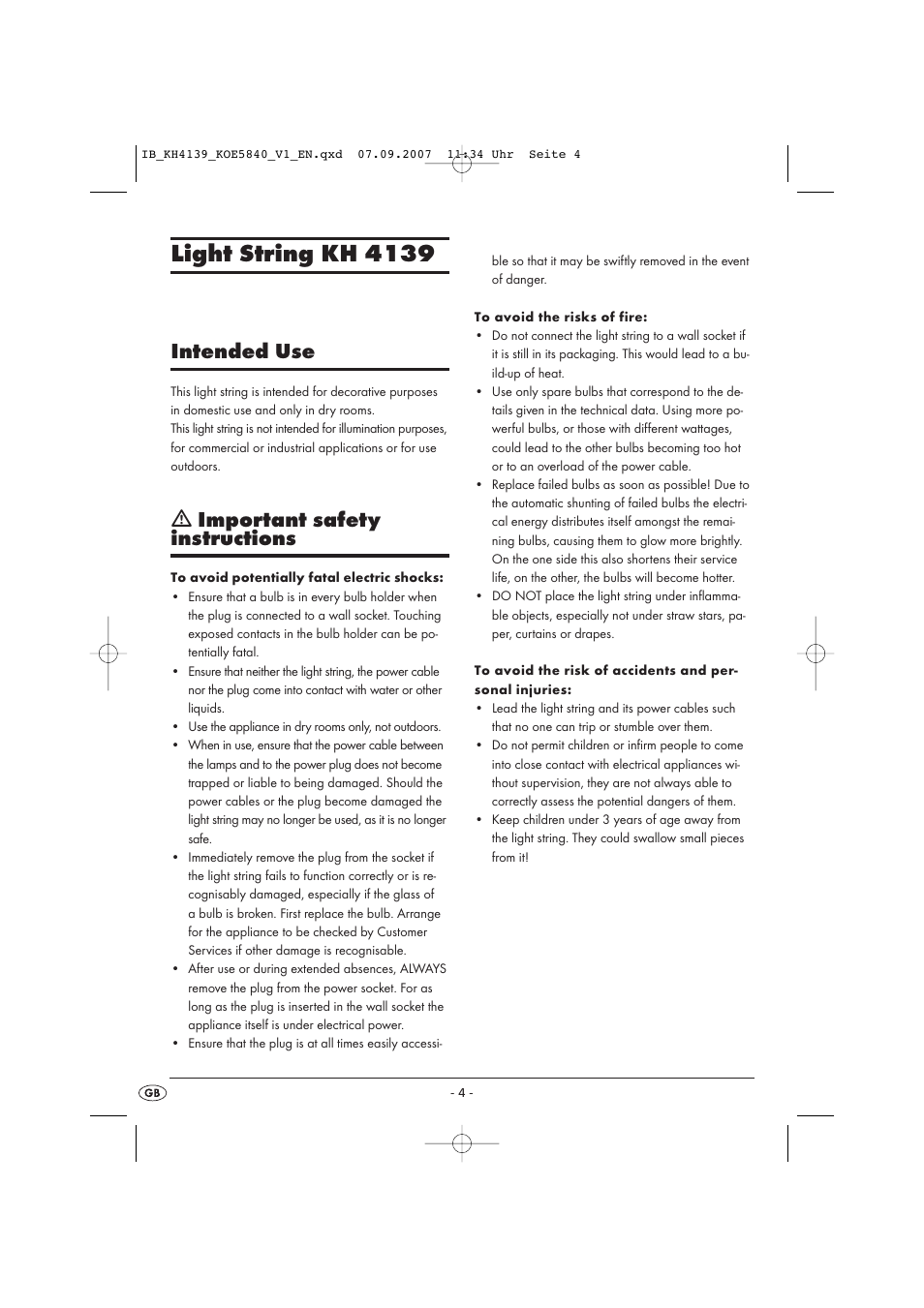 Light string kh 4139, Intended use, Ƽ important safety instructions | Kompernass KH 4139 User Manual | Page 4 / 7
