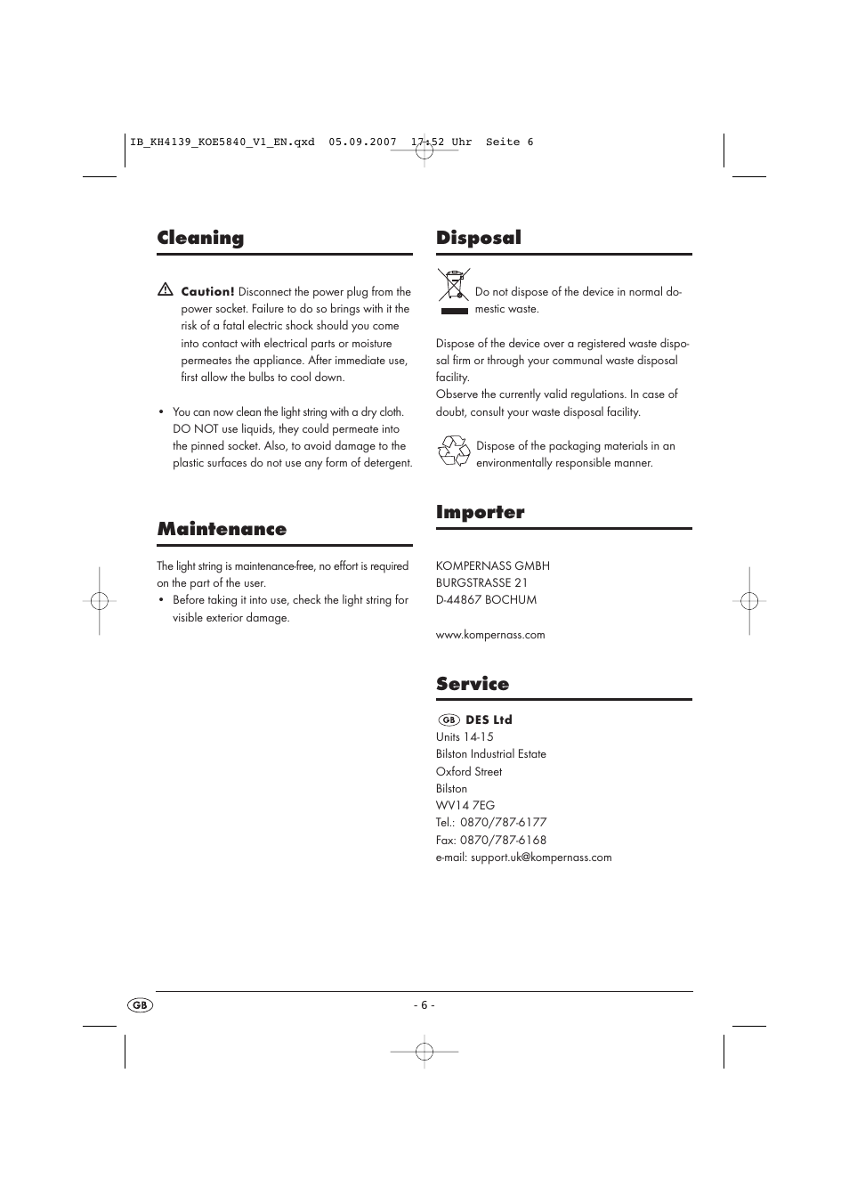 Cleaning, Maintenance, Disposal | Importer, Service | Kompernass KH 4139 User Manual | Page 6 / 7