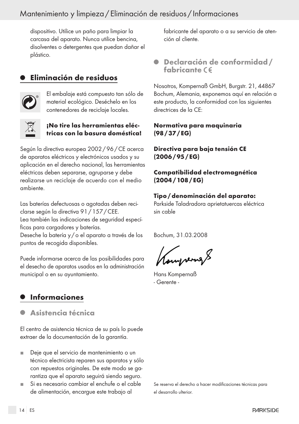 Eliminación de residuos, Informaciones, Asistencia técnica | Declaración de conformidad / fabricante | Kompernass X18V User Manual | Page 12 / 42