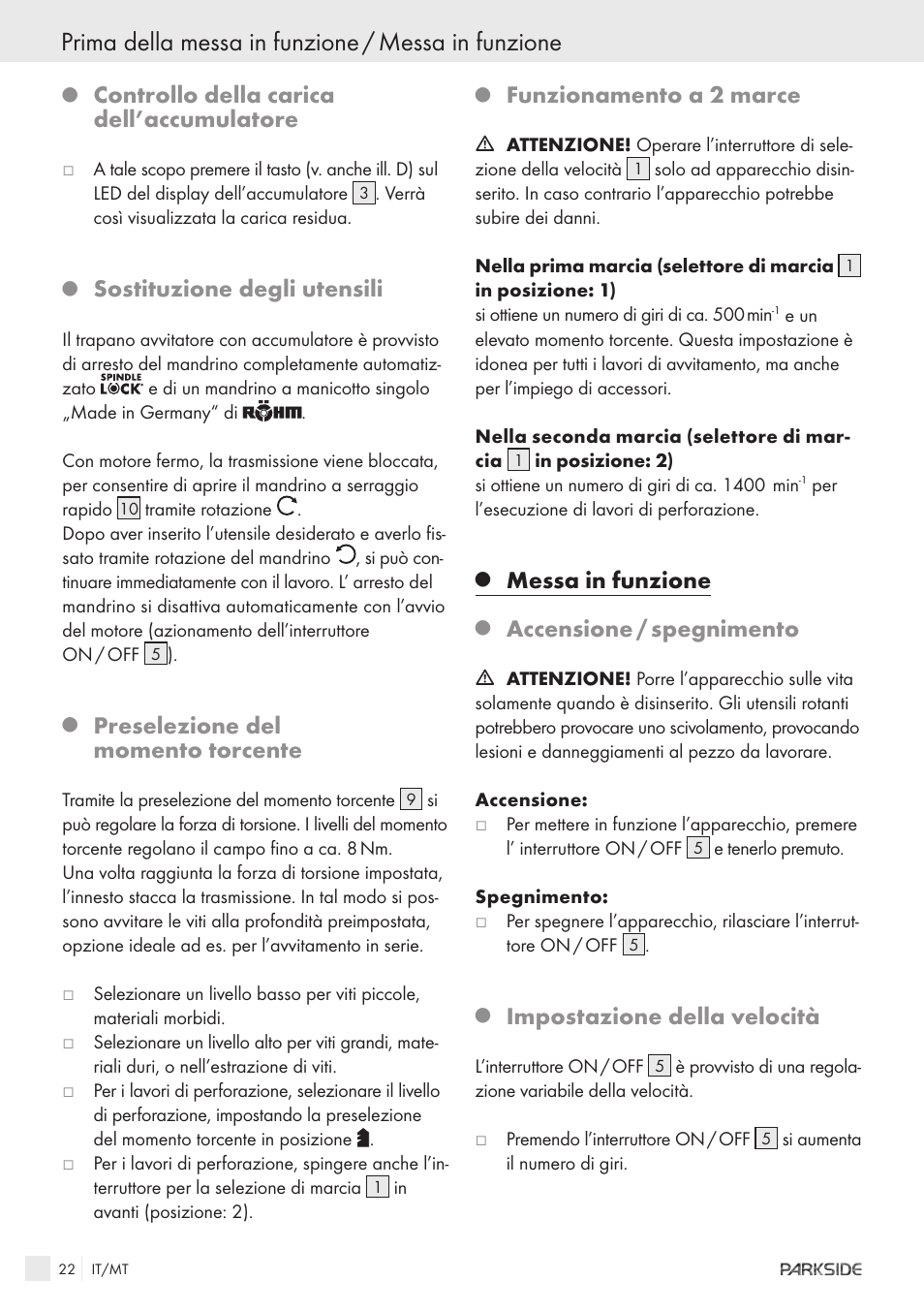 Prima della messa in funzione / messa in funzione, Controllo della carica dell’accumulatore, Sostituzione degli utensili | Preselezione del momento torcente, Funzionamento a 2 marce, Messa in funzione, Accensione / spegnimento, Impostazione della velocità | Kompernass X18V User Manual | Page 20 / 42