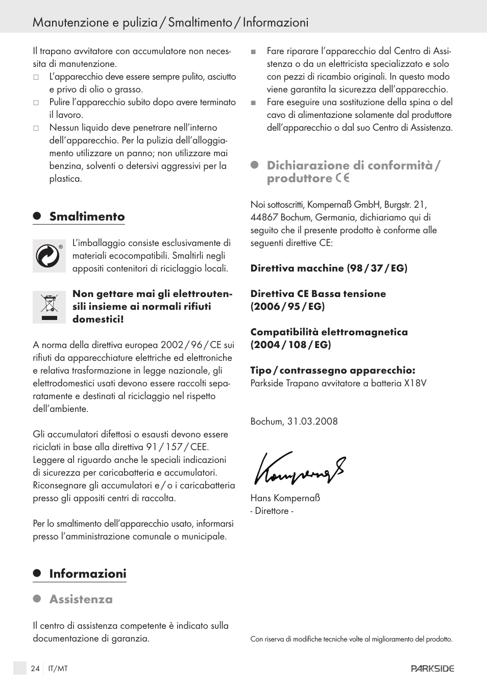 Smaltimento, Informazioni, Assistenza | Dichiarazione di conformità / produttore | Kompernass X18V User Manual | Page 22 / 42