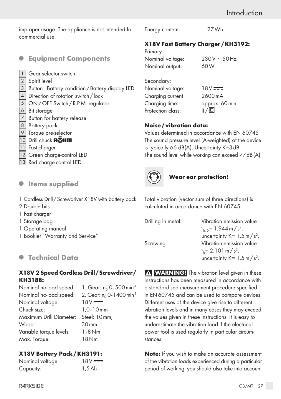 Introduction, Equipment components, Items supplied | Technical data | Kompernass X18V User Manual | Page 25 / 42
