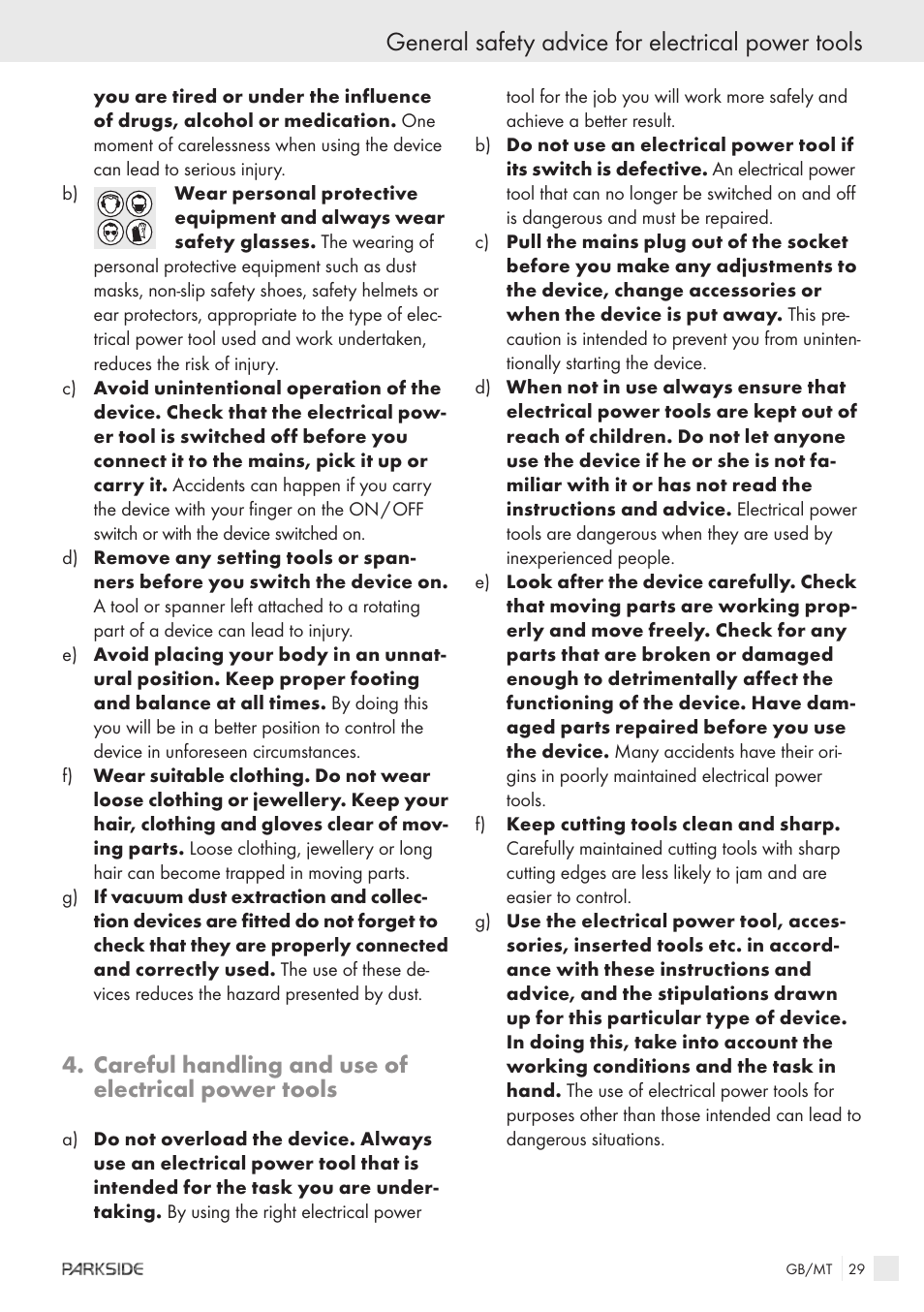 General safety advice for electrical power tools, Careful handling and use of electrical power tools | Kompernass X18V User Manual | Page 27 / 42