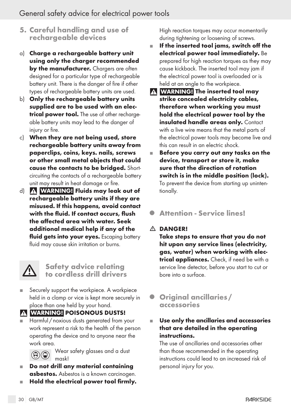 General safety advice for electrical power tools, Careful handling and use of rechargeable devices, Safety advice relating to cordless drill drivers | Attention - service lines, Original ancillaries / accessories | Kompernass X18V User Manual | Page 28 / 42