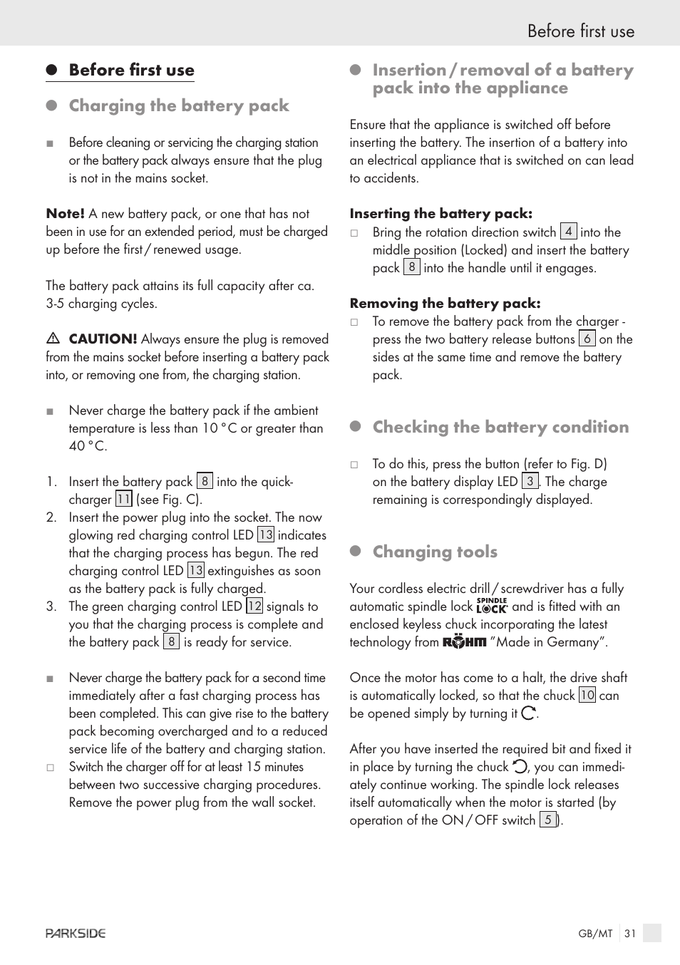 Before first use, Charging the battery pack, Checking the battery condition | Changing tools | Kompernass X18V User Manual | Page 29 / 42