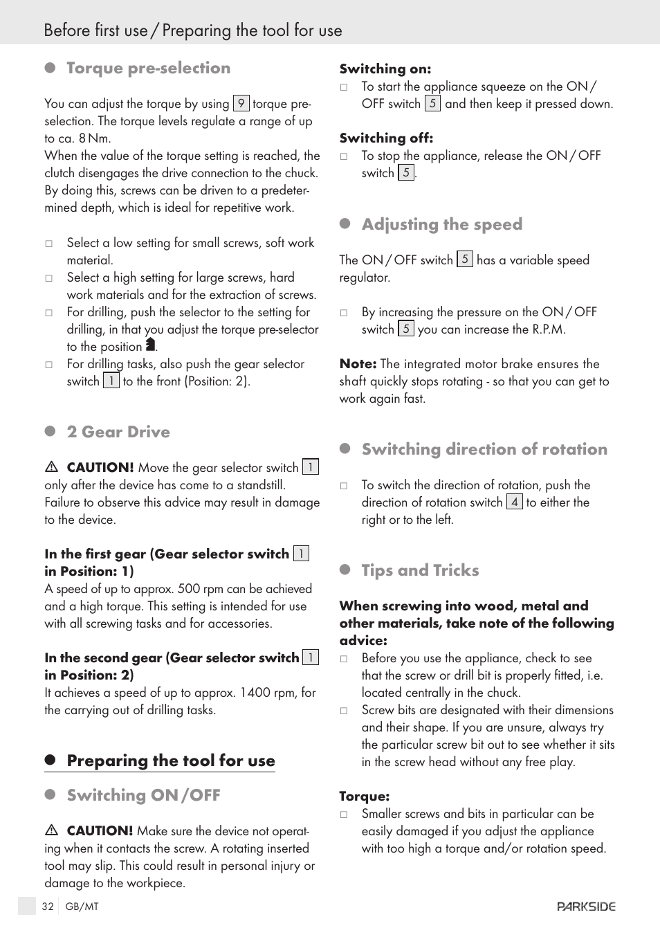 Before first use / preparing the tool for use, Torque pre-selection, 2 gear drive | Preparing the tool for use, Switching on /off, Adjusting the speed, Switching direction of rotation, Tips and tricks | Kompernass X18V User Manual | Page 30 / 42