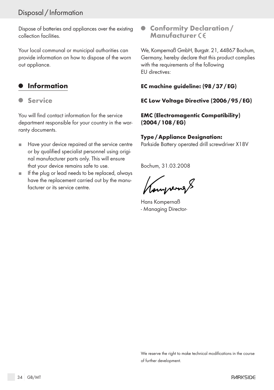 Disposal / information, Information, Service | Conformity declaration / manufacturer | Kompernass X18V User Manual | Page 32 / 42