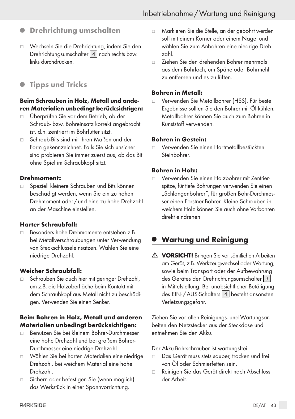Inbetriebnahme / wartung und reinigung, Drehrichtung umschalten, Tipps und tricks | Wartung und reinigung | Kompernass X18V User Manual | Page 41 / 42