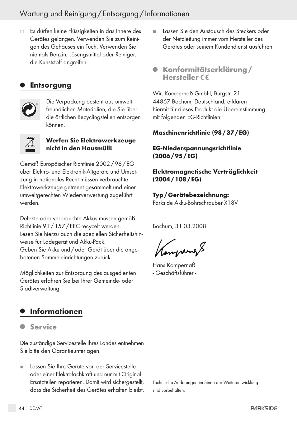 Wartung und reinigung / entsorgung / informationen, Entsorgung, Informationen | Service, Konformitätserklärung / hersteller | Kompernass X18V User Manual | Page 42 / 42