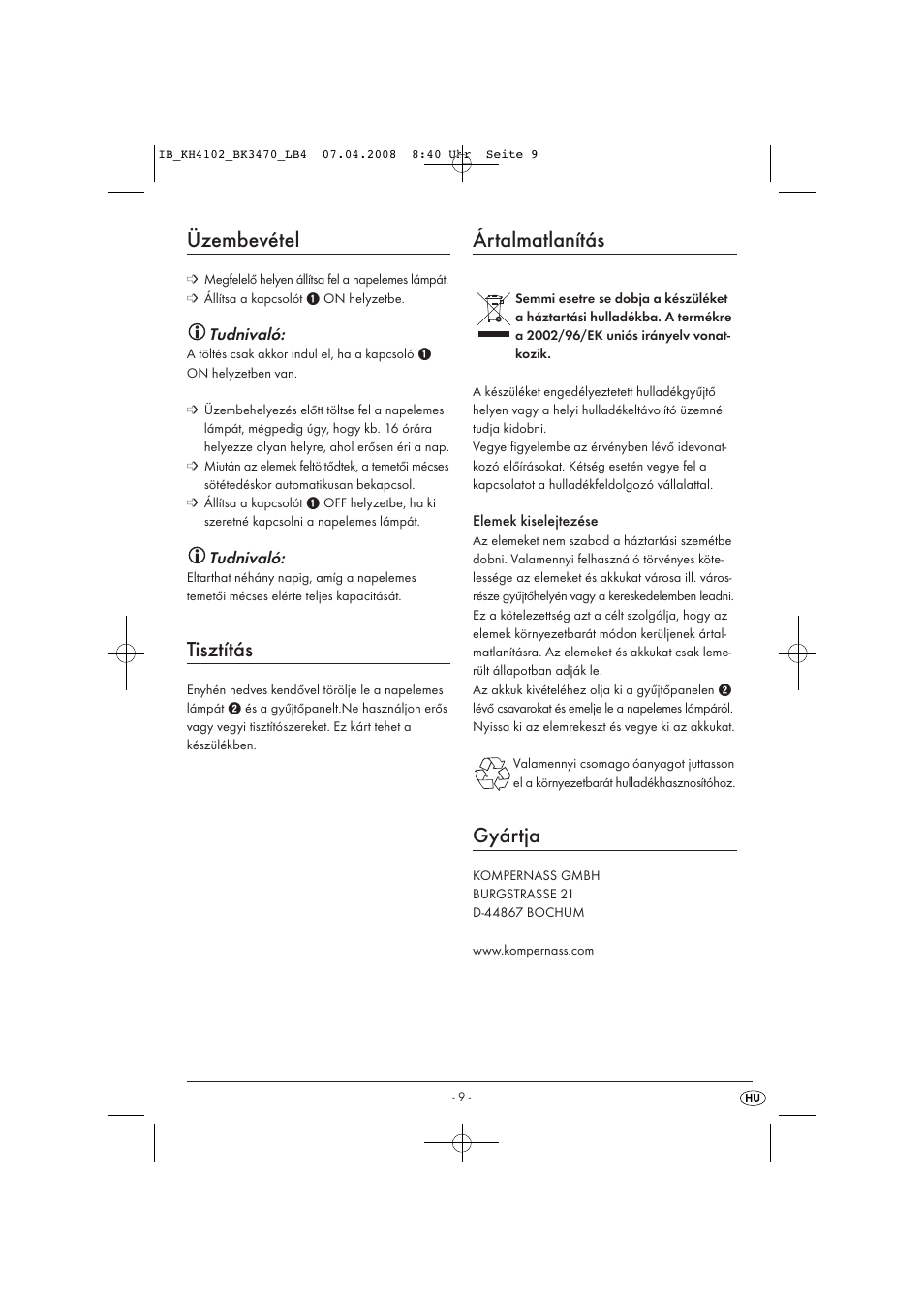 Üzembevétel, Tisztítás, Ártalmatlanítás | Gyártja | Kompernass KH4102-03/08-V1 User Manual | Page 11 / 27