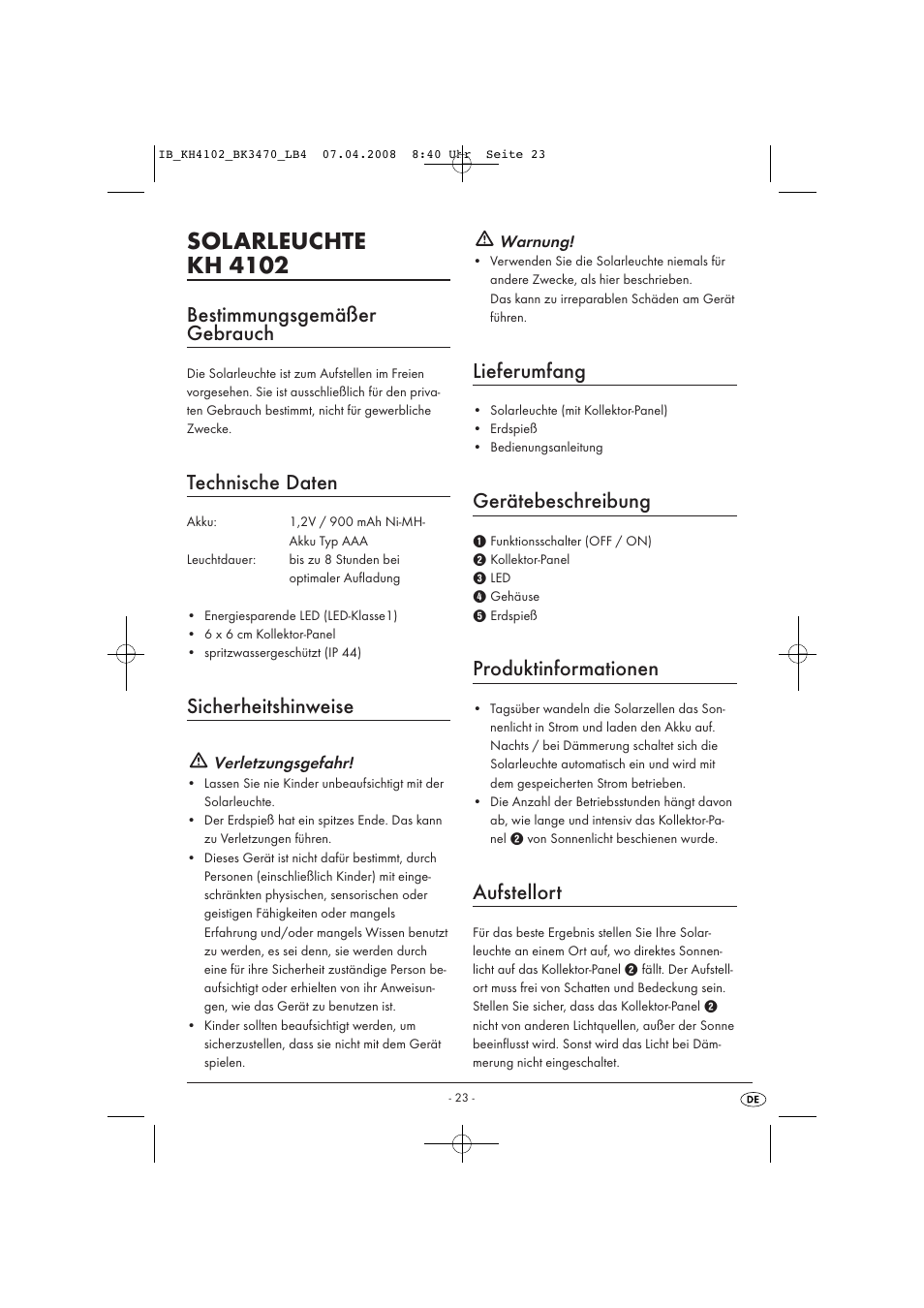 Solarleuchte kh 4102, Bestimmungsgemäßer gebrauch, Technische daten | Sicherheitshinweise, Lieferumfang, Gerätebeschreibung, Produktinformationen, Aufstellort | Kompernass KH4102-03/08-V1 User Manual | Page 25 / 27