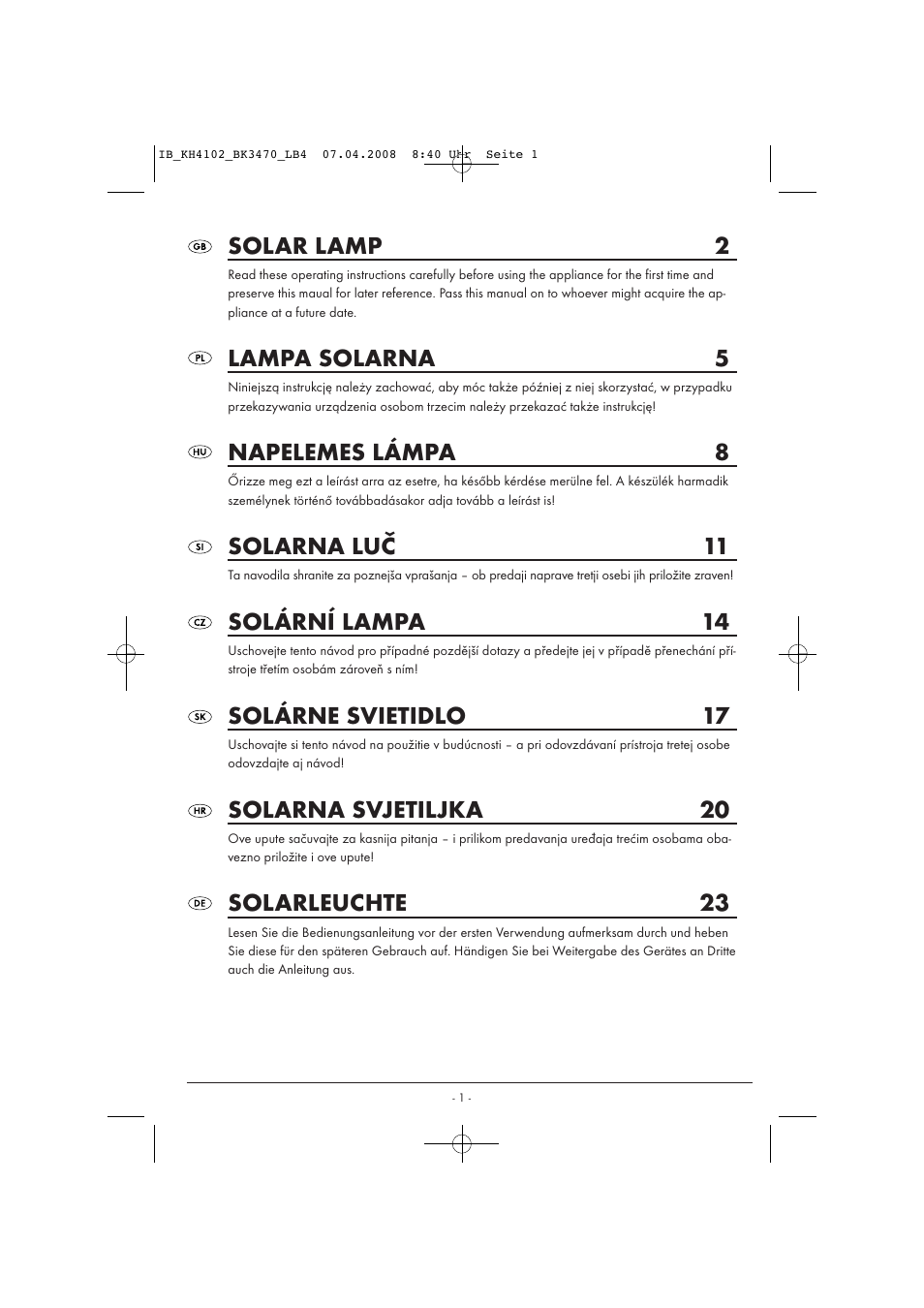 Solar lamp 2, Lampa solarna 5, Napelemes lámpa 8 | Solarna luč 11, Solární lampa 14, Solárne svietidlo 17, Solarna svjetiljka 20, Solarleuchte 23 | Kompernass KH4102-03/08-V1 User Manual | Page 3 / 27