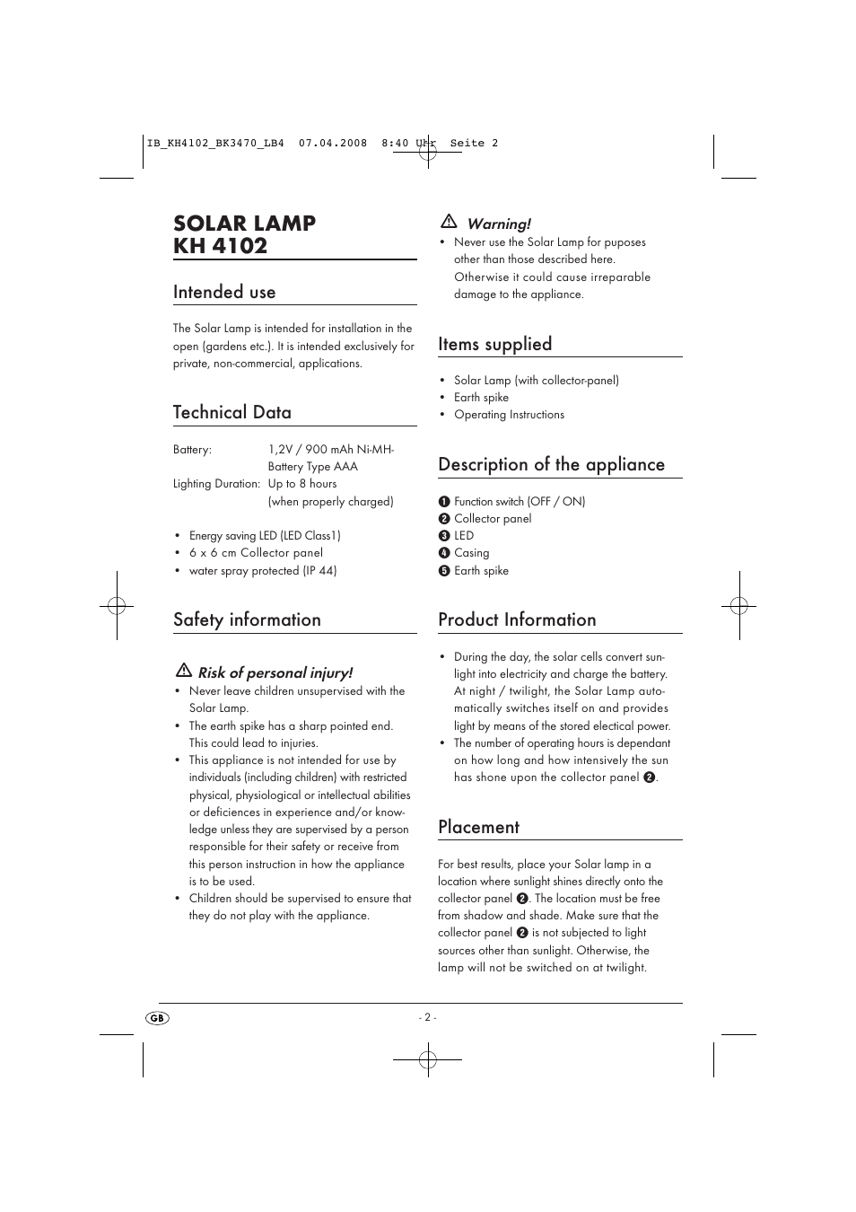 Solar lamp kh 4102, Intended use, Technical data | Safety information, Items supplied, Description of the appliance, Product information, Placement | Kompernass KH4102-03/08-V1 User Manual | Page 4 / 27
