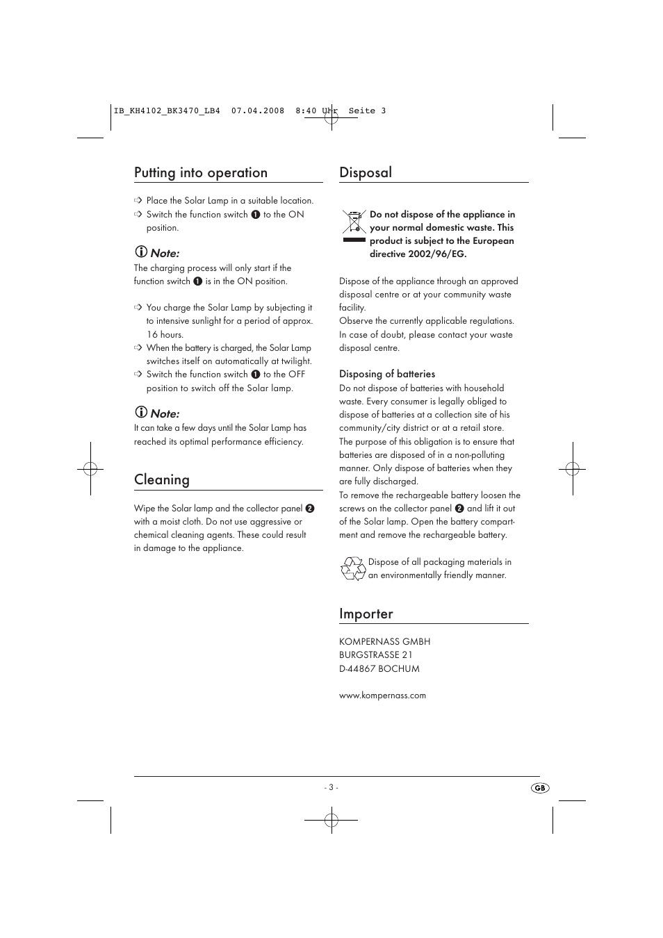 Putting into operation, Cleaning, Disposal | Importer | Kompernass KH4102-03/08-V1 User Manual | Page 5 / 27