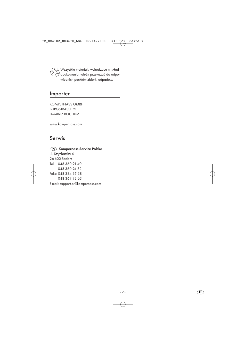 Importer, Serwis | Kompernass KH4102-03/08-V1 User Manual | Page 9 / 27