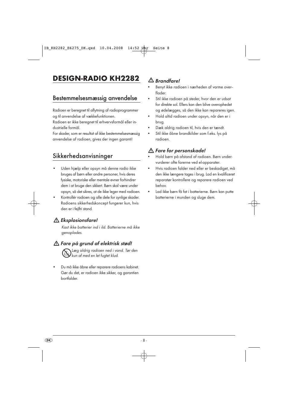 Design-radio kh2282, Bestemmelsesmæssig anvendelse, Sikkerhedsanvisninger | Kompernass KH 2282 User Manual | Page 10 / 14