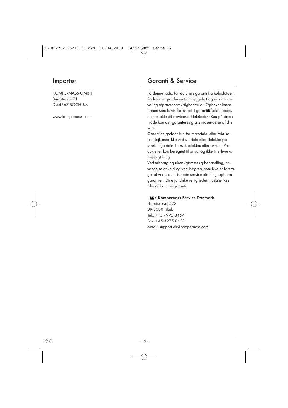 Importør, Garanti & service | Kompernass KH 2282 User Manual | Page 14 / 14