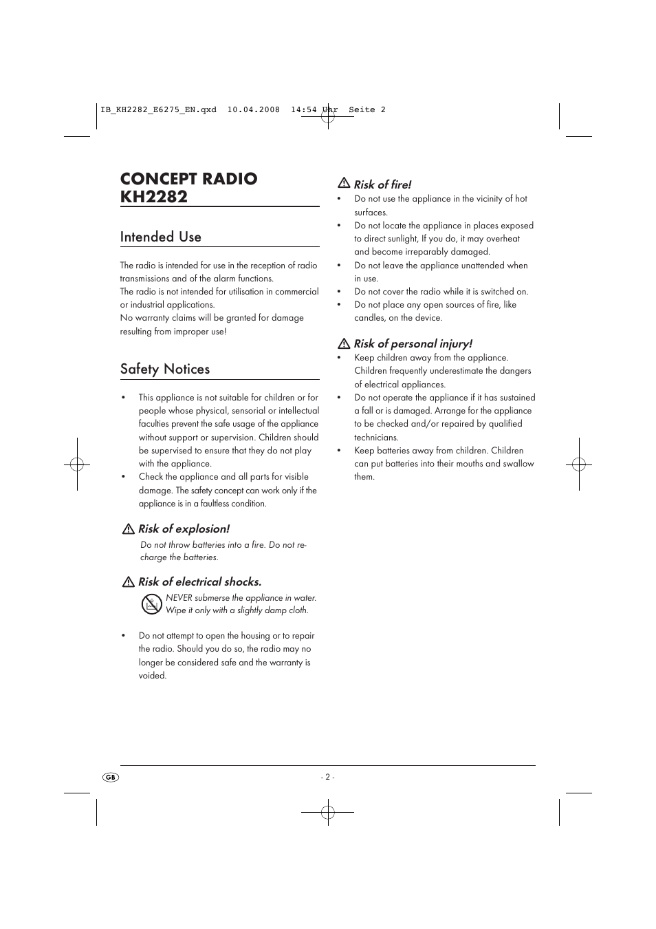 Concept radio kh2282, Intended use, Safety notices | Kompernass KH 2282 User Manual | Page 4 / 14