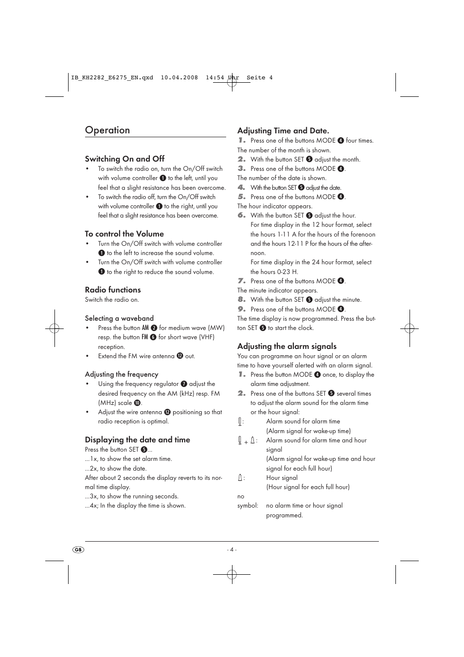 Operation | Kompernass KH 2282 User Manual | Page 6 / 14