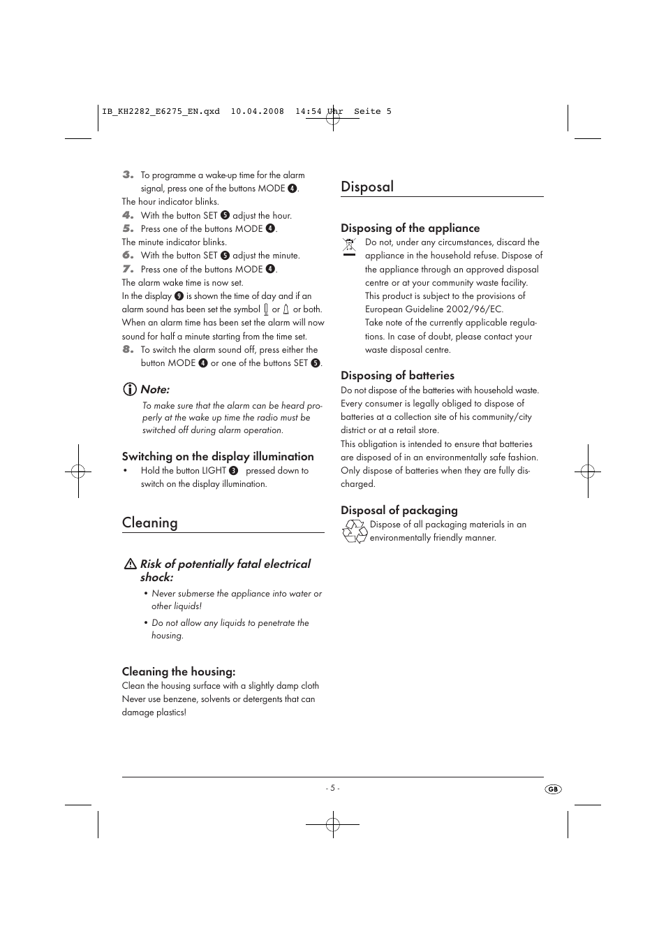 Cleaning, Disposal | Kompernass KH 2282 User Manual | Page 7 / 14