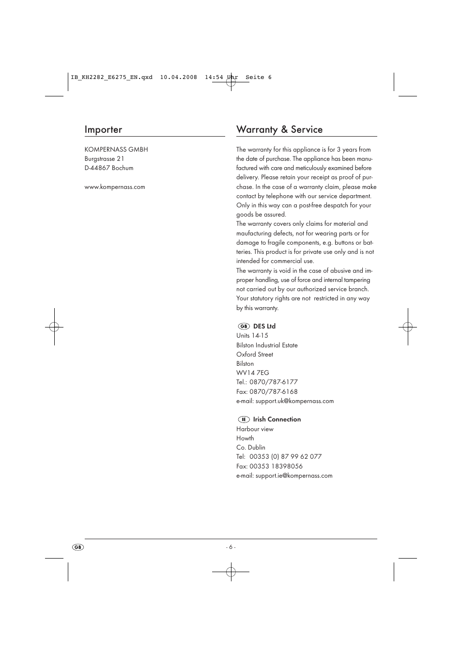 Importer, Warranty & service | Kompernass KH 2282 User Manual | Page 8 / 14