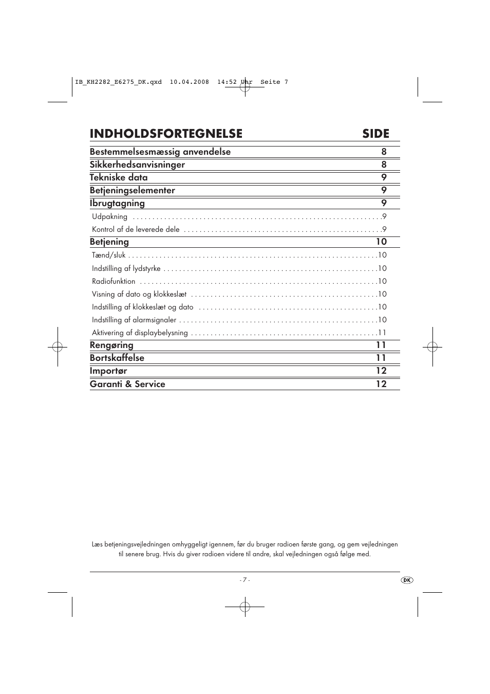 Ib_kh2282_e6275_dk3, Indholdsfortegnelse side | Kompernass KH 2282 User Manual | Page 9 / 14