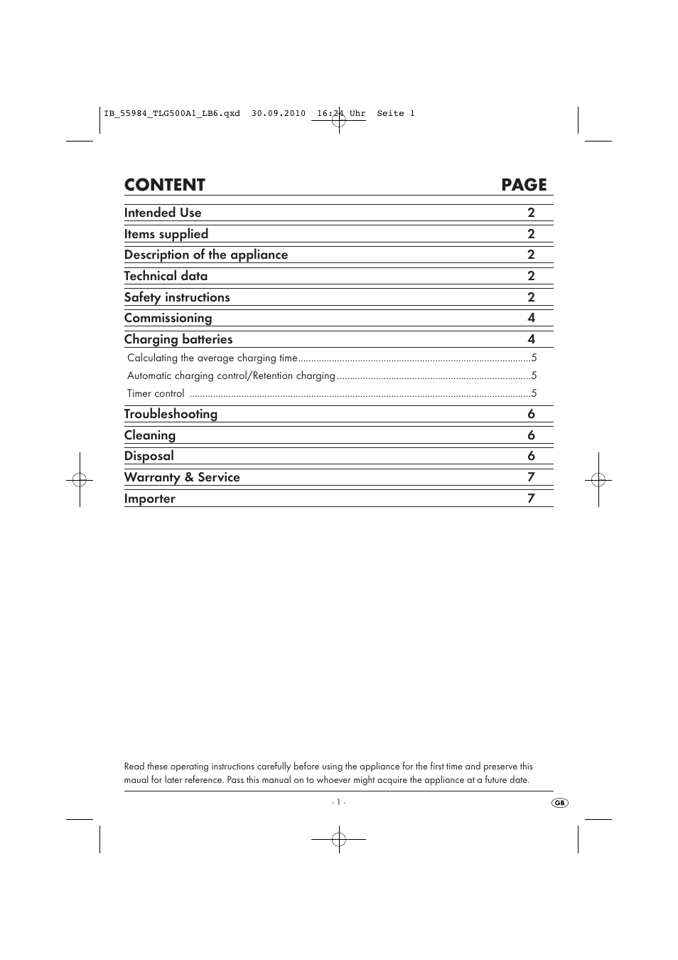 Content page | Kompernass TRONIC TLG 500 A1 User Manual | Page 3 / 10