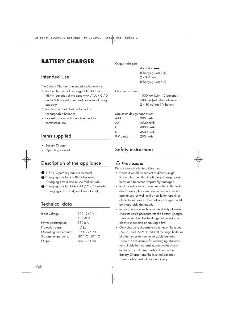 Battery charger, Intended use, Items supplied | Description of the appliance, Technical data, Safety instructions | Kompernass TRONIC TLG 500 A1 User Manual | Page 4 / 10