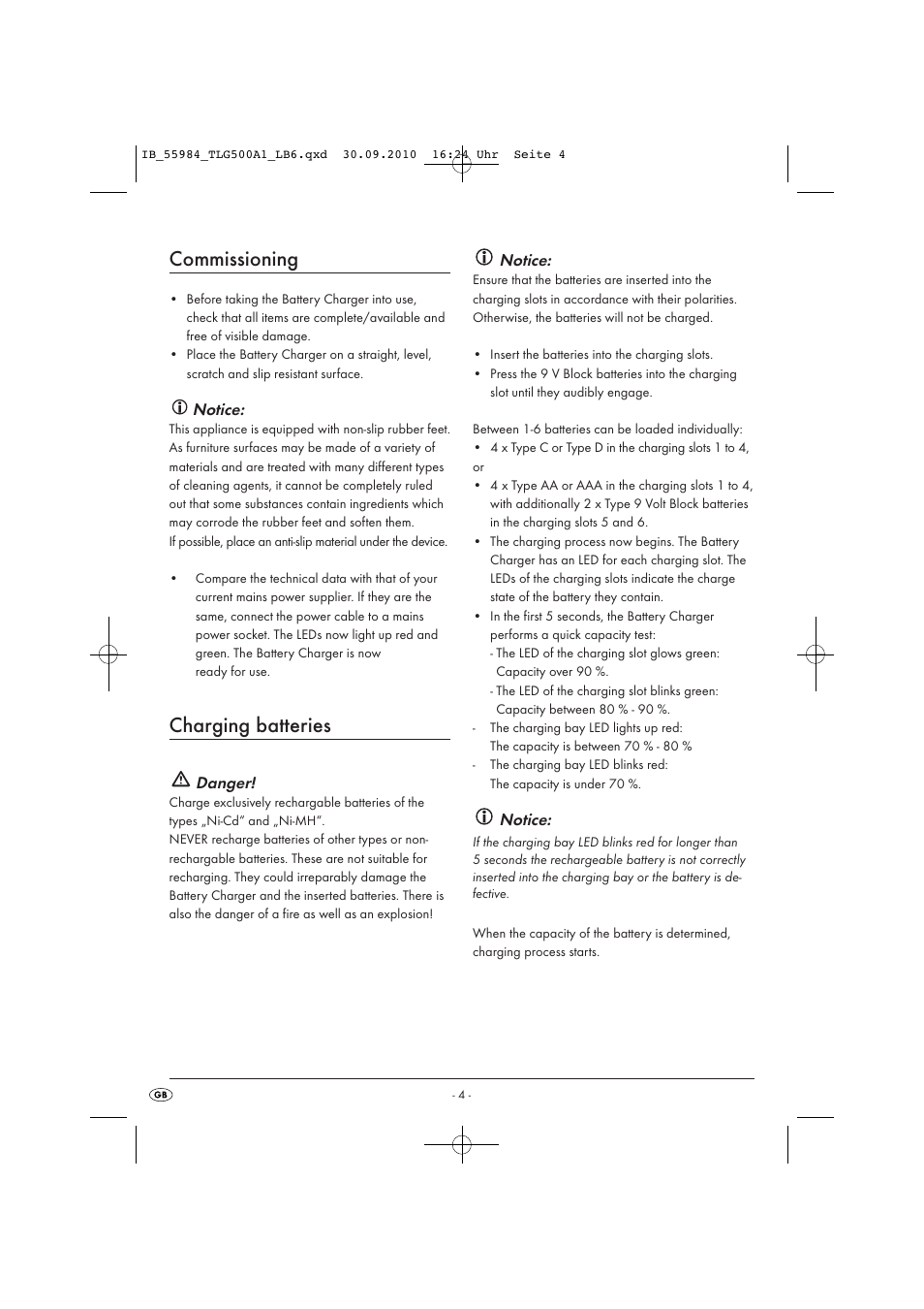 Commissioning, Charging batteries | Kompernass TRONIC TLG 500 A1 User Manual | Page 6 / 10