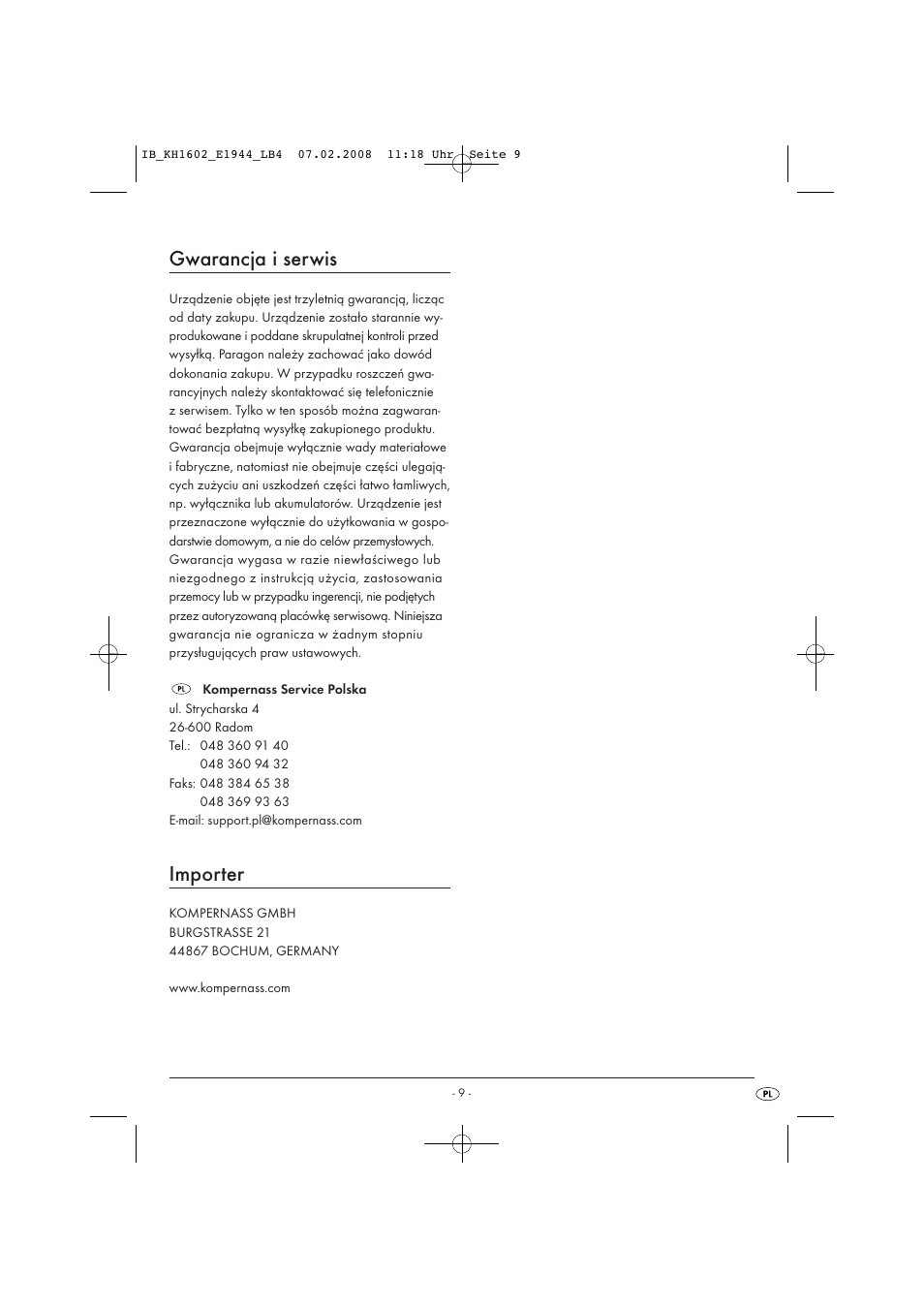 Gwarancja i serwis, Importer | Kompernass KH 1602 User Manual | Page 11 / 35