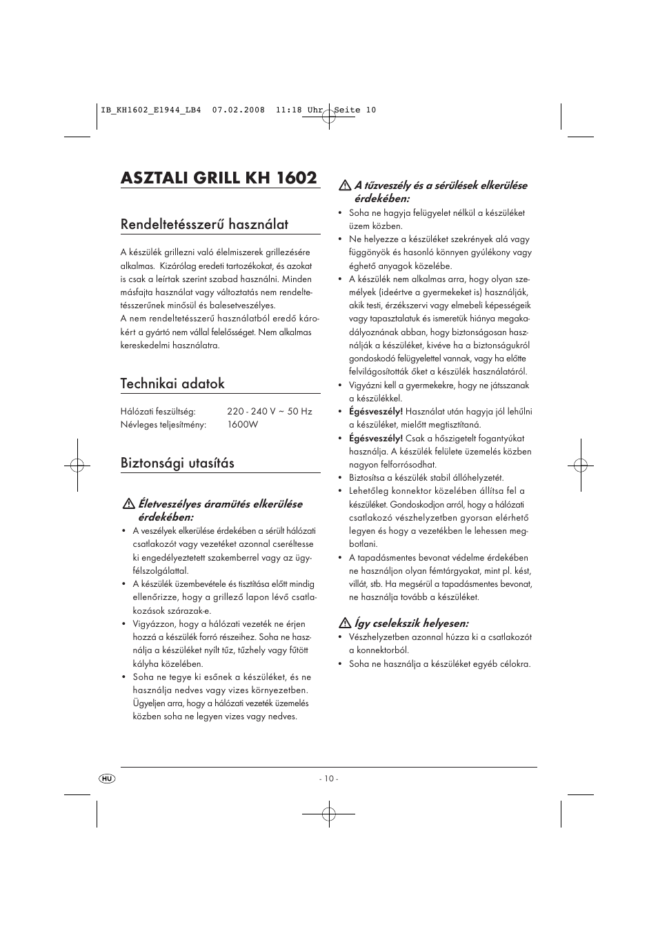 Asztali grill kh 1602, Rendeltetésszerű használat, Technikai adatok | Biztonsági utasítás | Kompernass KH 1602 User Manual | Page 12 / 35