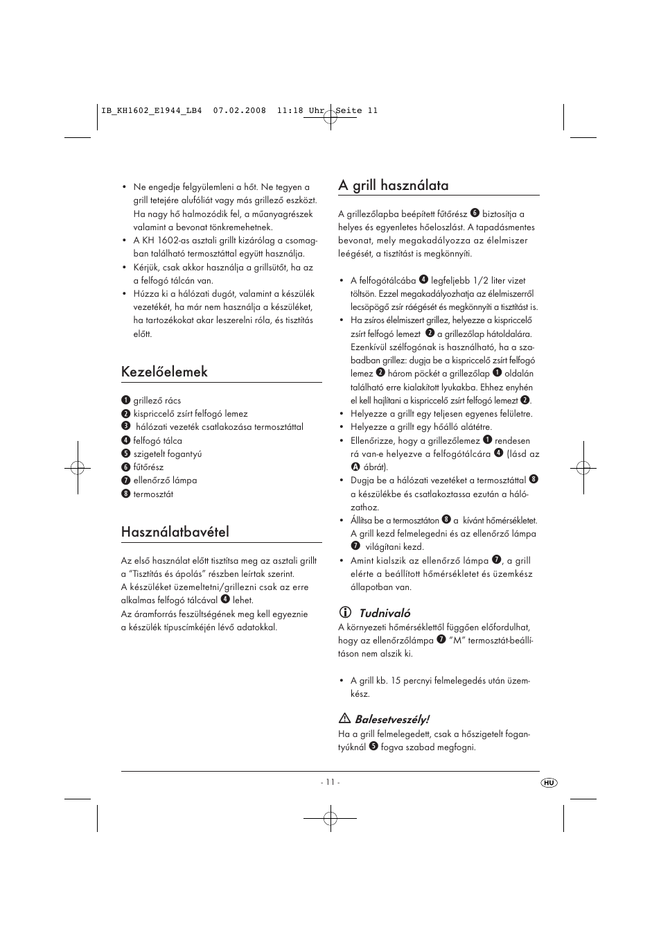 Kezelőelemek, Használatbavétel, A grill használata | Kompernass KH 1602 User Manual | Page 13 / 35