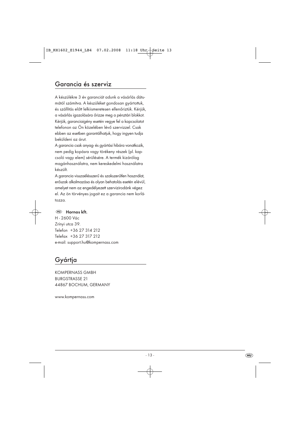 Garancia és szerviz, Gyártja | Kompernass KH 1602 User Manual | Page 15 / 35