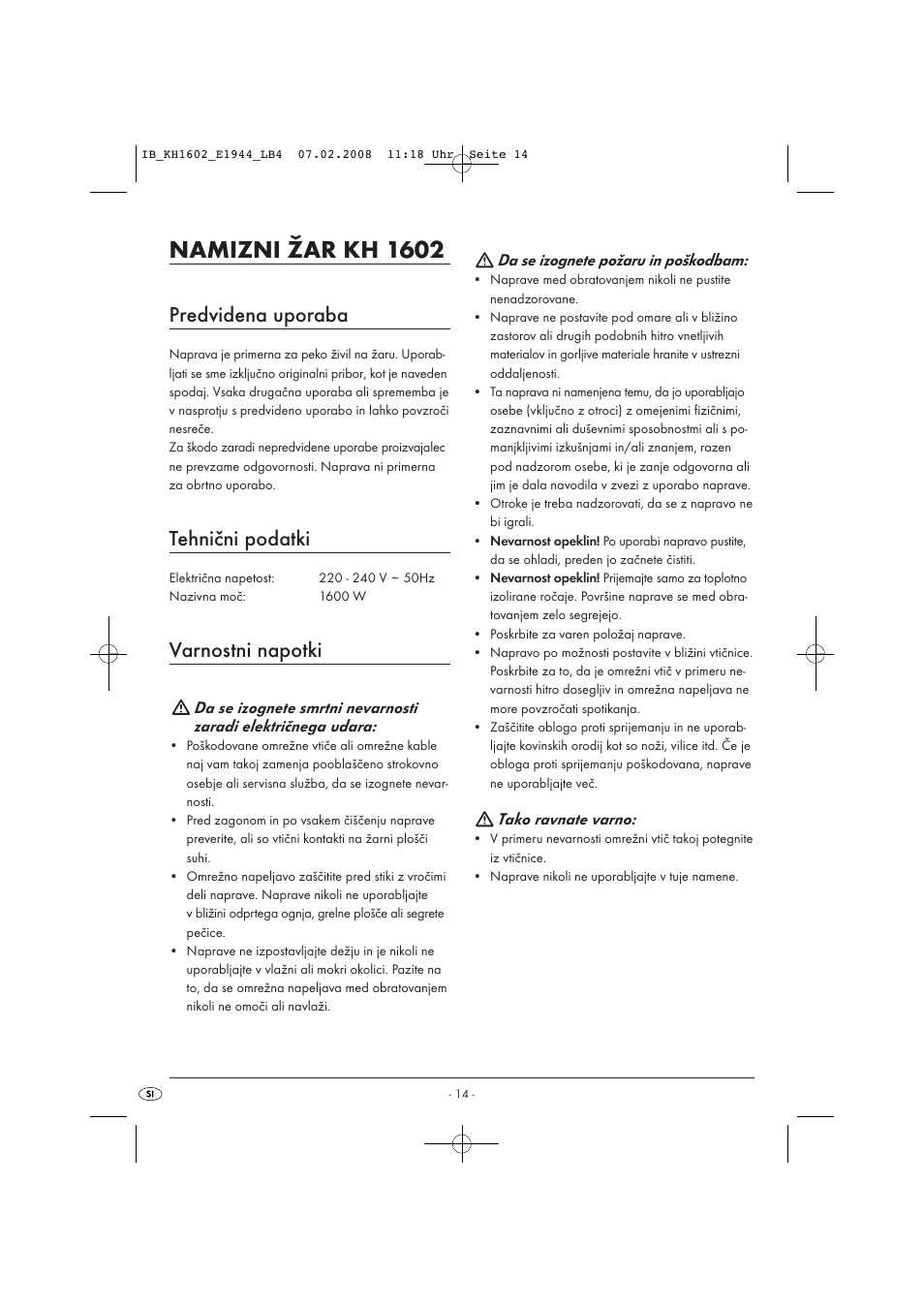Namizni žar kh 1602, Predvidena uporaba, Tehnični podatki | Varnostni napotki | Kompernass KH 1602 User Manual | Page 16 / 35