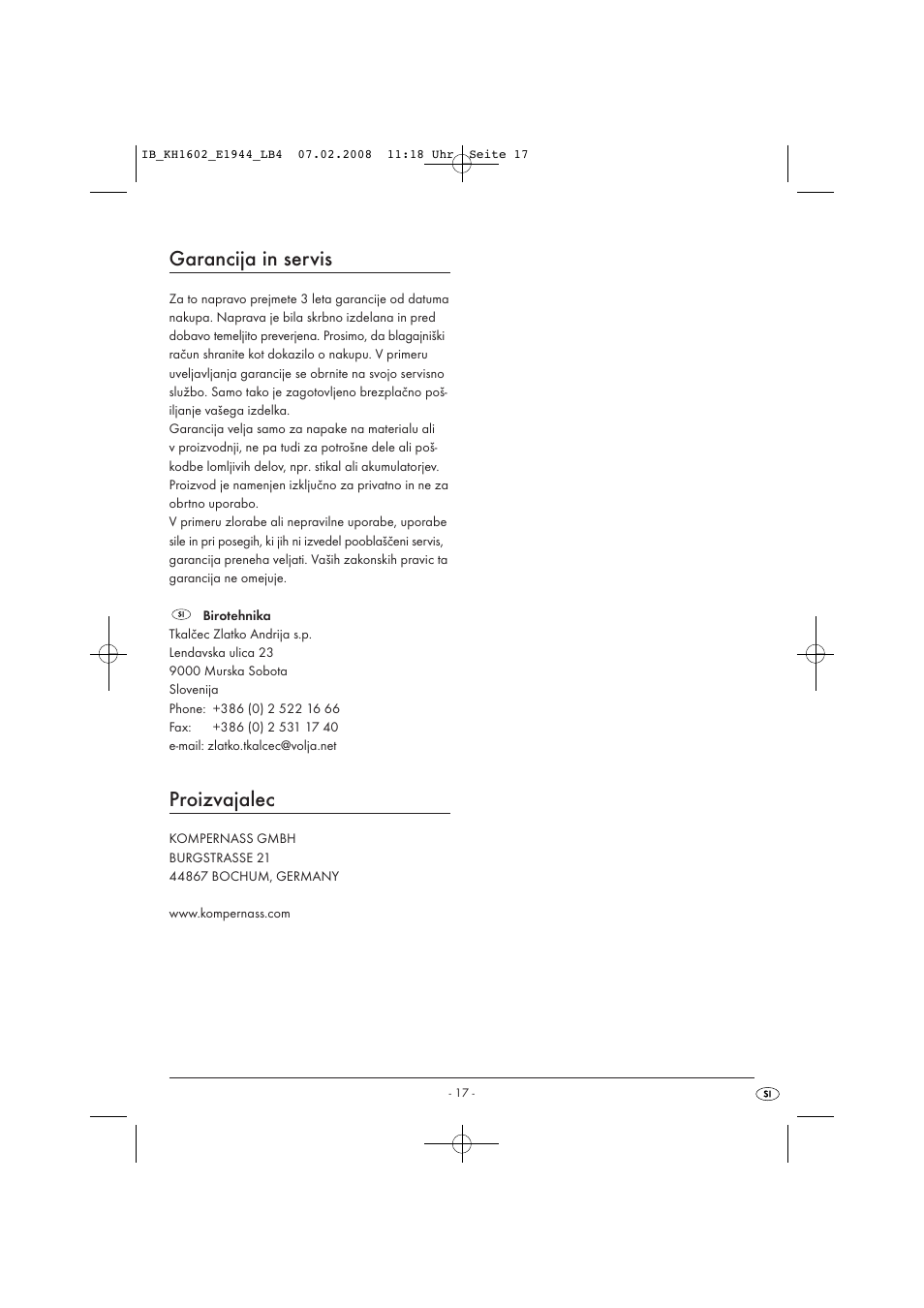 Garancija in servis, Proizvajalec | Kompernass KH 1602 User Manual | Page 19 / 35