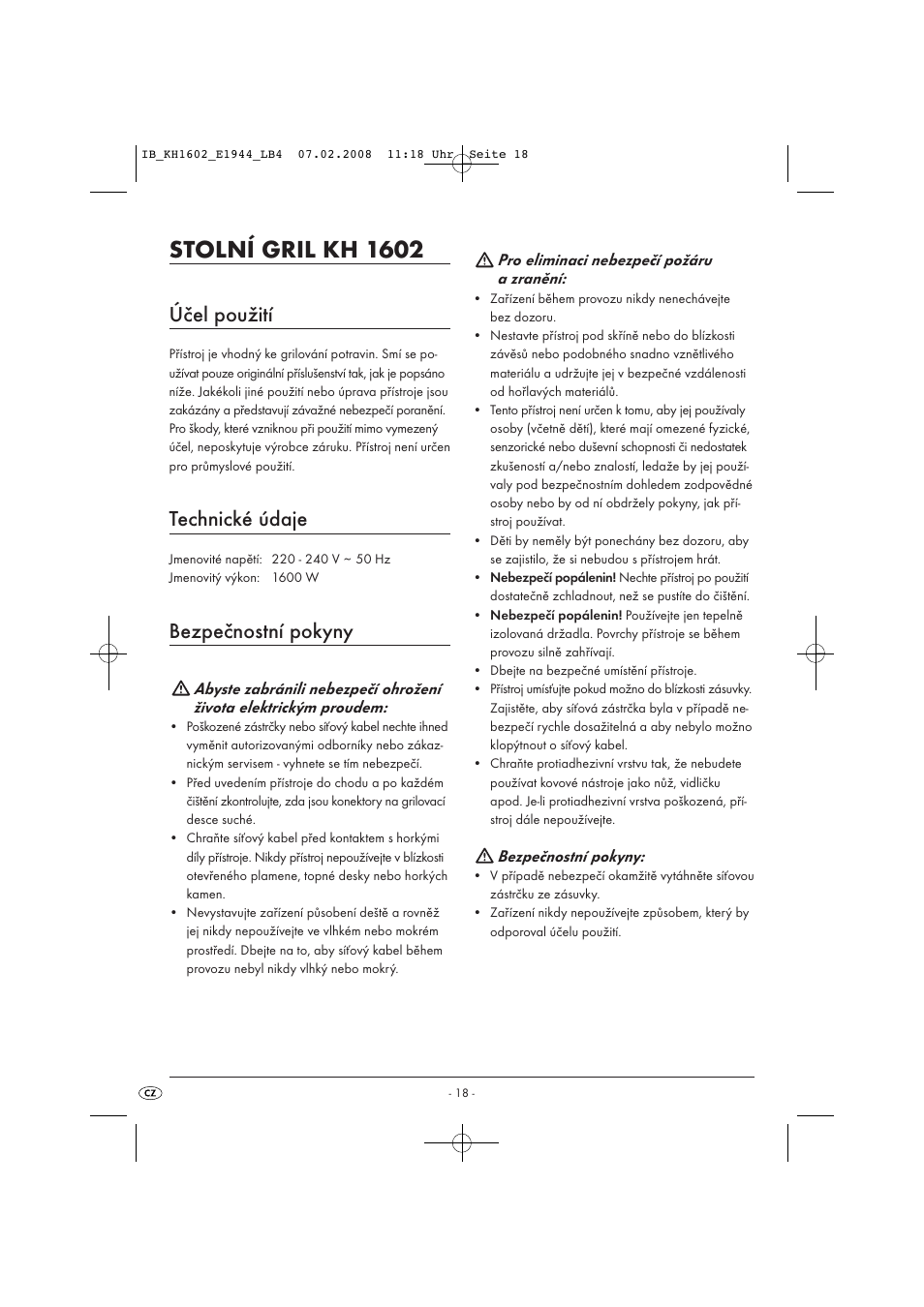 Stolní gril kh 1602, Účel použití, Technické údaje | Bezpečnostní pokyny | Kompernass KH 1602 User Manual | Page 20 / 35