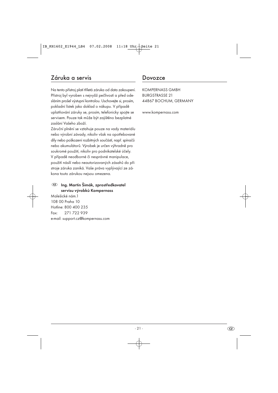 Záruka a servis, Dovozce | Kompernass KH 1602 User Manual | Page 23 / 35
