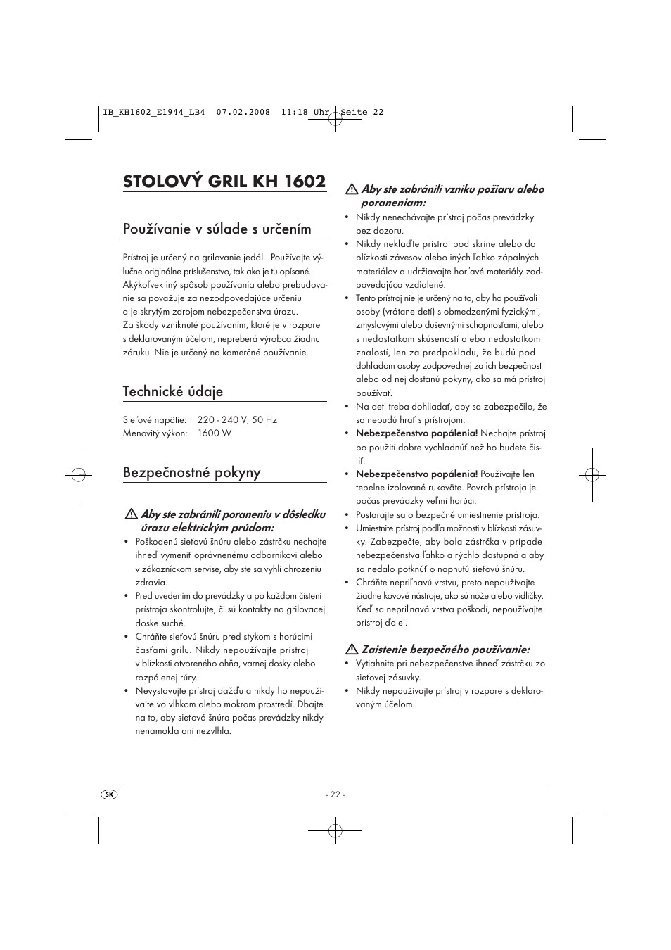 Stolový gril kh 1602, Používanie v súlade s určením, Technické údaje | Bezpečnostné pokyny | Kompernass KH 1602 User Manual | Page 24 / 35