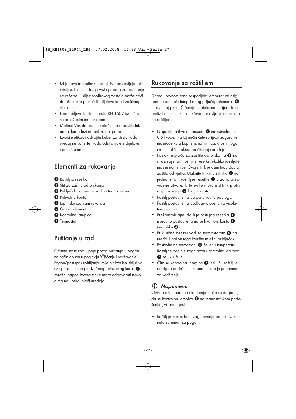 Elementi za rukovanje, Puštanje u rad, Rukovanje sa roštiljem | Kompernass KH 1602 User Manual | Page 29 / 35