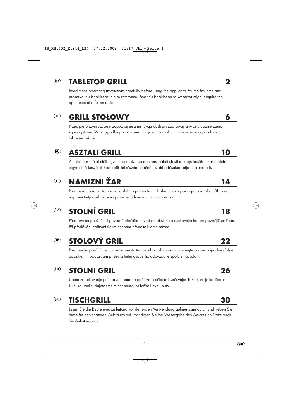 Tabletop grill 2, Grill stołowy 6, Asztali grill 10 | Namizni žar 14, Stolní gril 18, Stolový gril 22, Stolni gril 26, Tischgrill 30 | Kompernass KH 1602 User Manual | Page 3 / 35