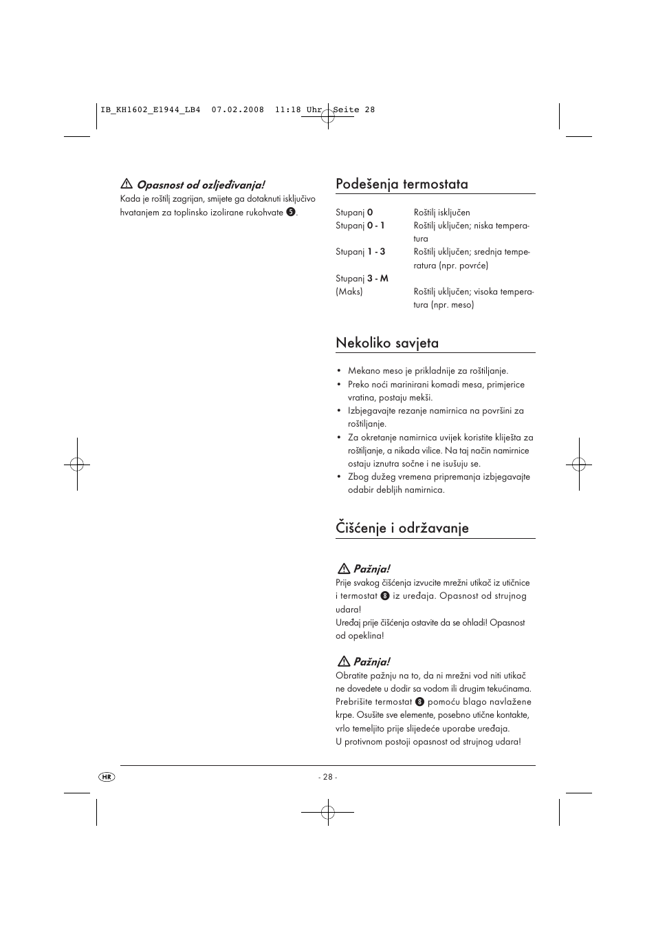 Podešenja termostata, Nekoliko savjeta, Čišćenje i održavanje | Kompernass KH 1602 User Manual | Page 30 / 35