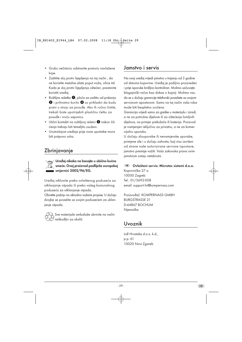 Zbrinjavanje, Jamstvo i servis, Uvoznik | Kompernass KH 1602 User Manual | Page 31 / 35