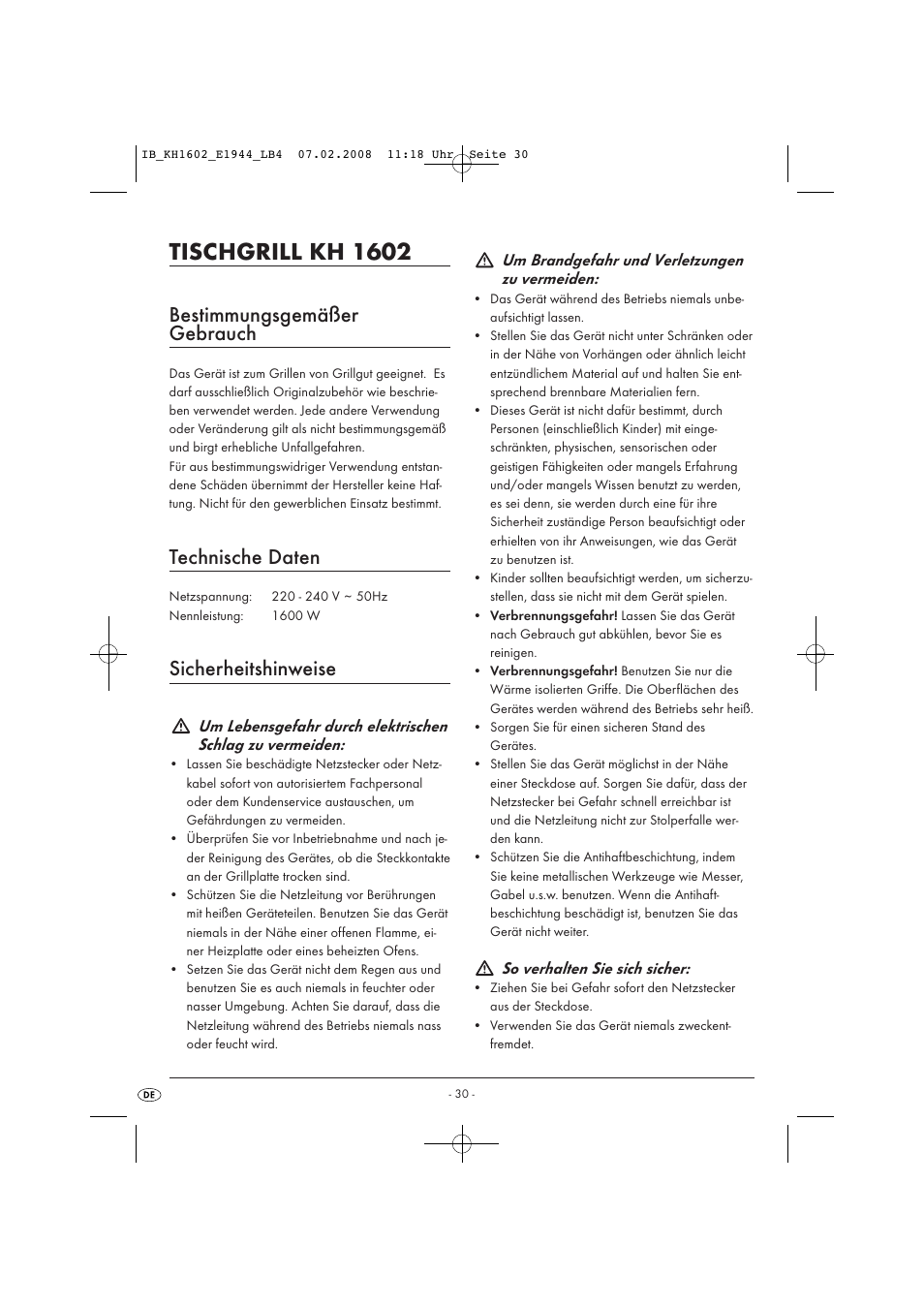 Tischgrill kh 1602, Bestimmungsgemäßer gebrauch, Technische daten | Sicherheitshinweise | Kompernass KH 1602 User Manual | Page 32 / 35