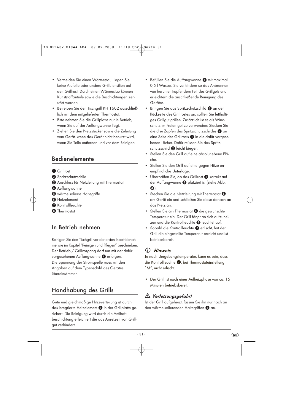 Bedienelemente, Handhabung des grills | Kompernass KH 1602 User Manual | Page 33 / 35
