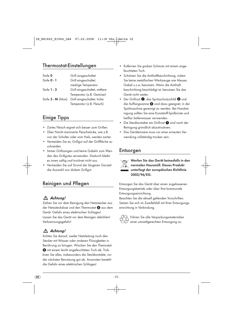 Thermostat-einstellungen, Einige tipps, Reinigen und pflegen | Entsorgen | Kompernass KH 1602 User Manual | Page 34 / 35