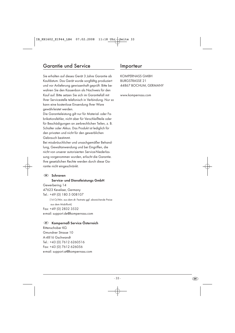Garantie und service, Importeur | Kompernass KH 1602 User Manual | Page 35 / 35
